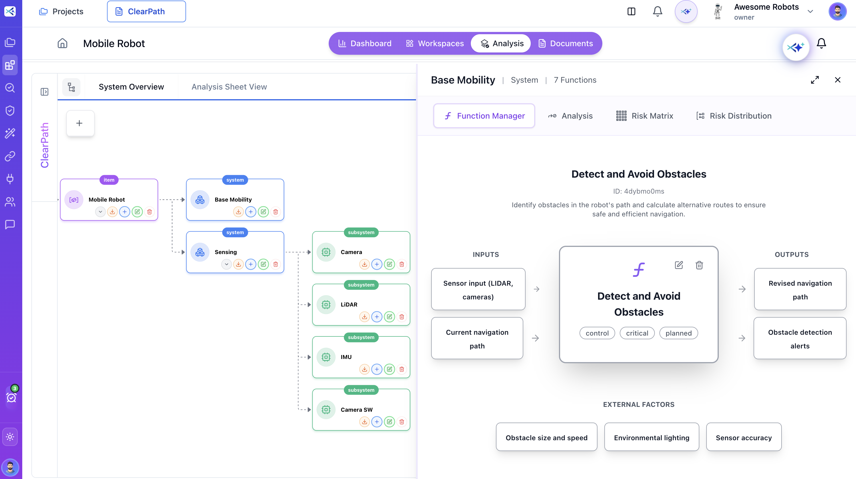 ClearPath Function Manager - System architecture with Detect and Avoid Obstacles function