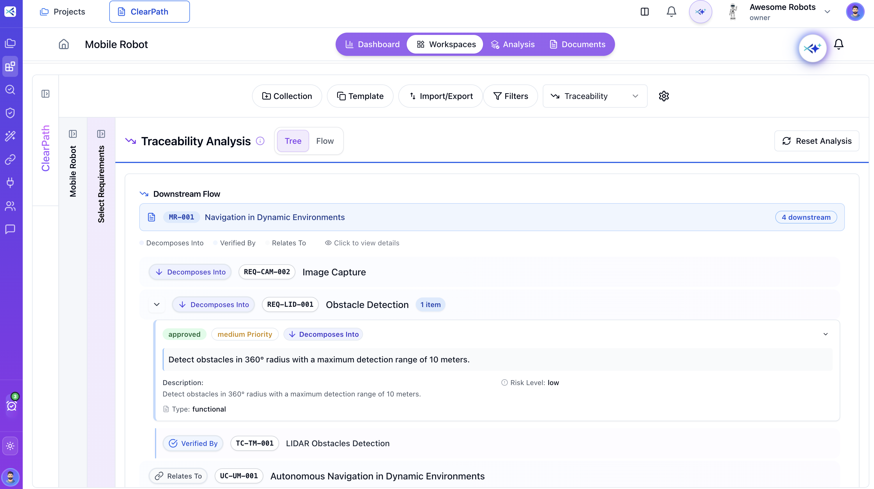 ClearPath Traceability Analysis - Tree view with downstream flow