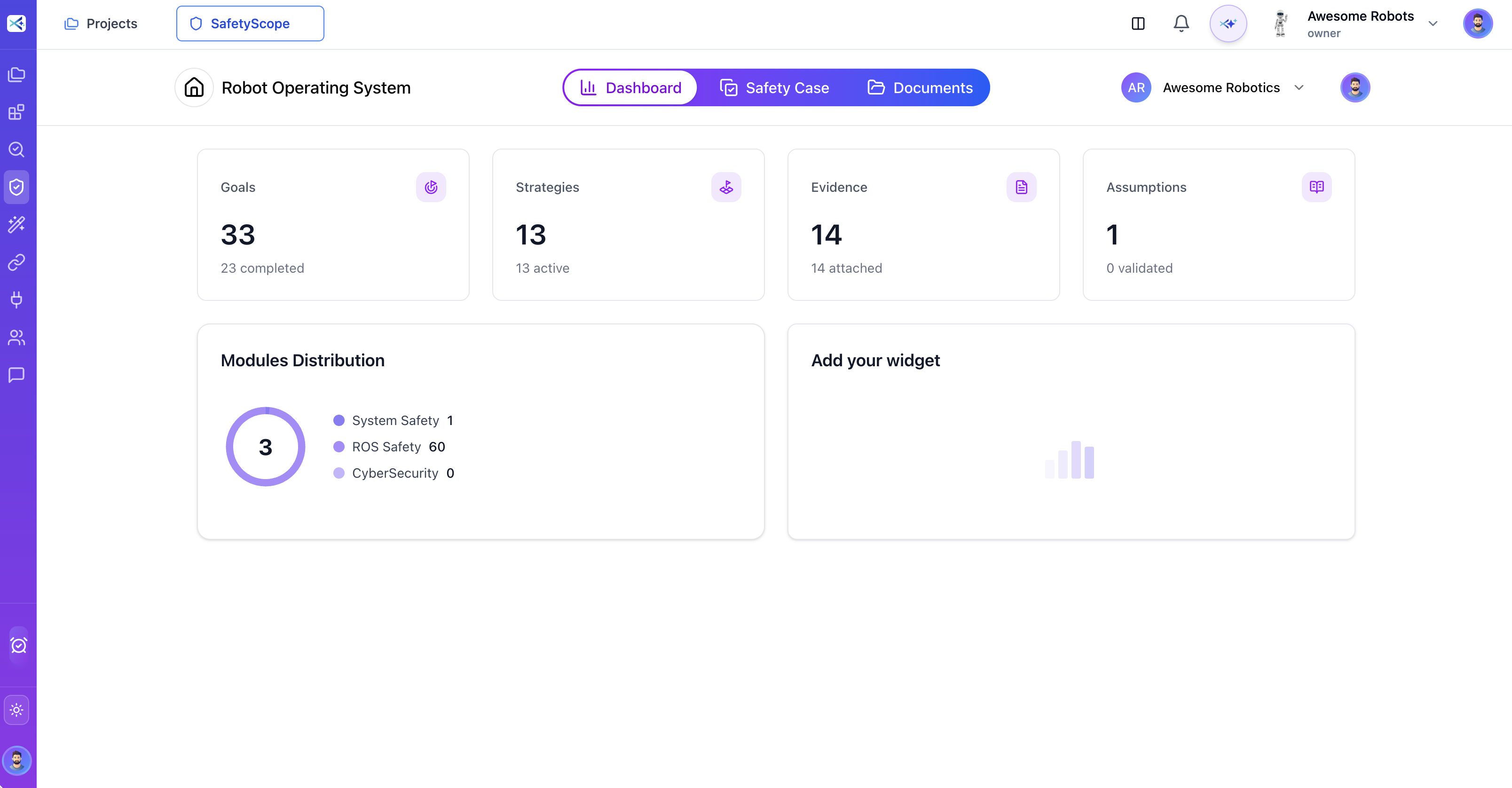 SafetyScope Dashboard - Project overview with goals, strategies, evidence, and assumptions tracking
